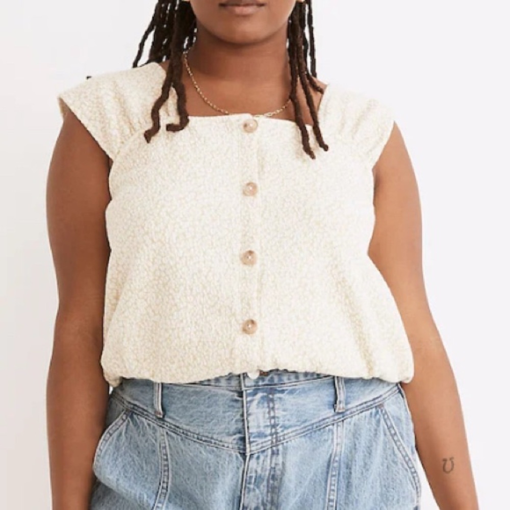 Madewell Floral Jacquard Button Front Light Green Yellow Stretchy Tank Top Shirt